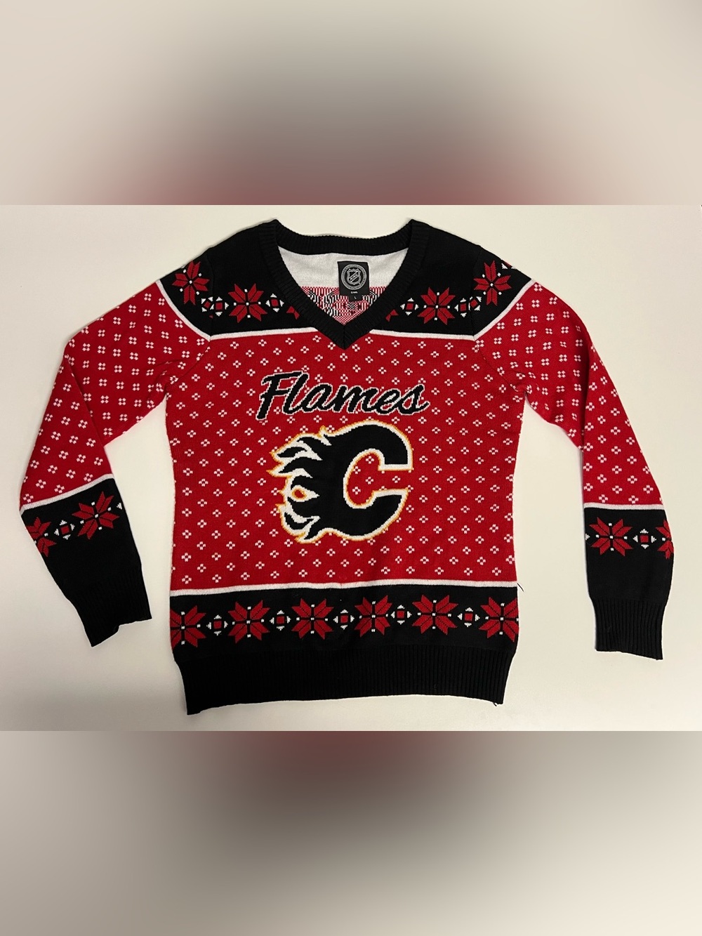 NHL Calgary Flames Red & Black V-Neck Sweater